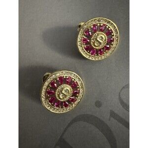 Christian Dior Stamped CD Authentic Magenta Crystals Medallion Stud Earrings